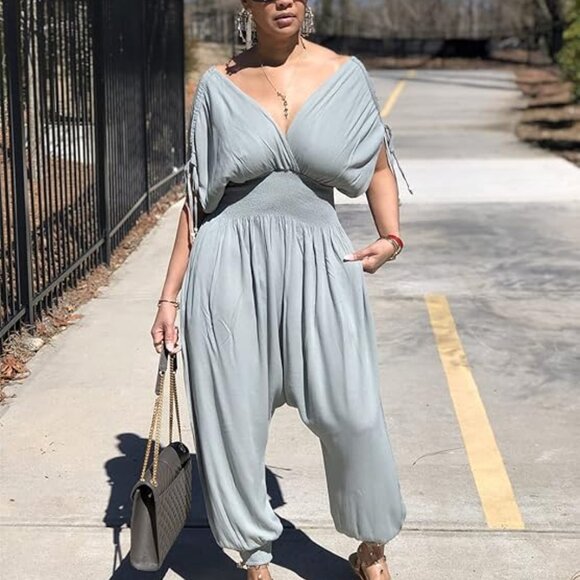 Unbranded Pants - Batwing Bohemian Deep V-Neck Jumpsuit| Light Blue-Grey| (Size M) NWOT